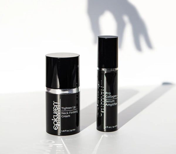 Epicuren Discovery Quench Duo anti-aging skincare products displayed in elegant packaging on a lifestyle backdrop.