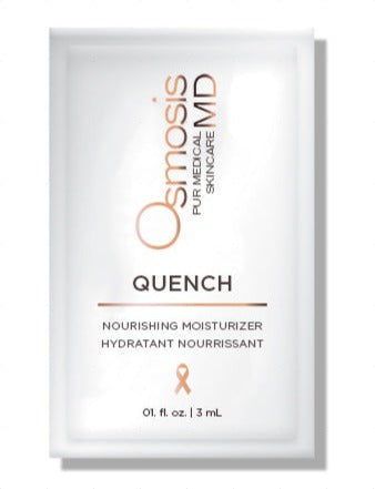 Osmosis Beauty Quench Nourishing Moisturizer sample packets in 3mL size, showcasing the sleek design and brand label.