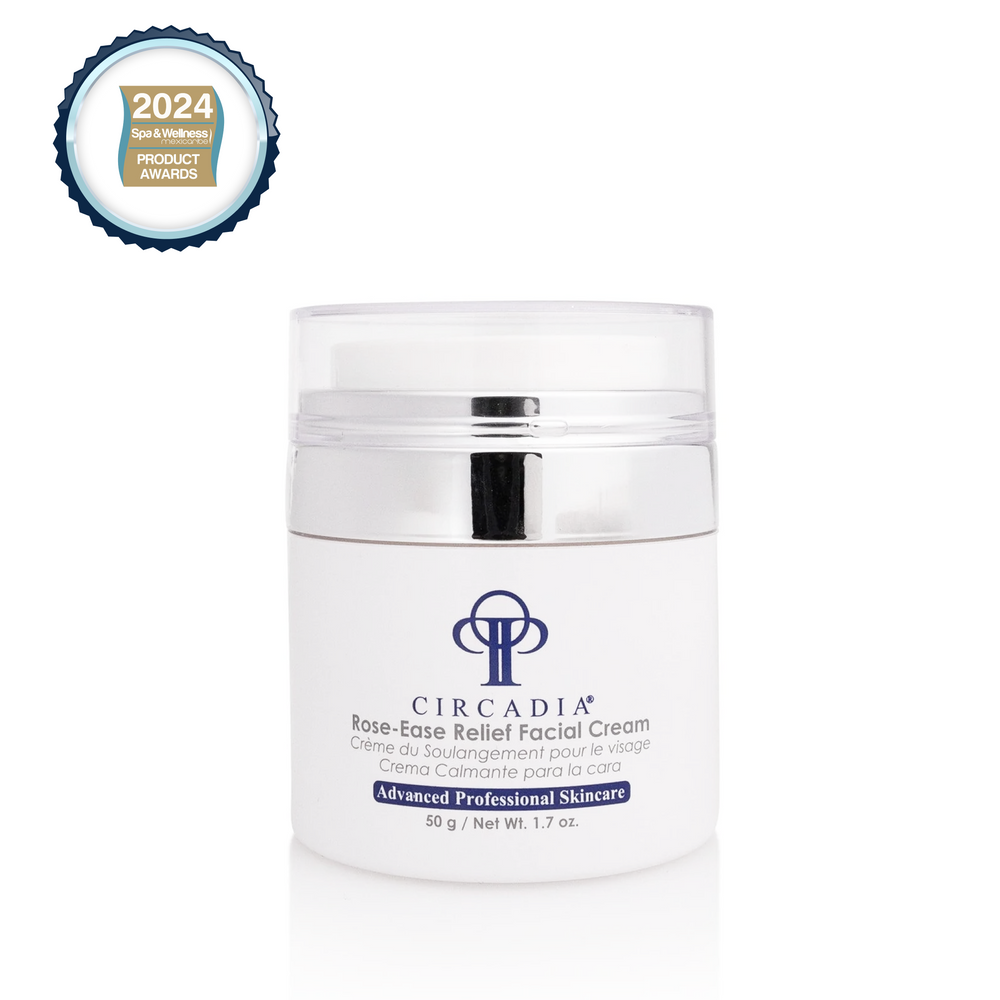 Circadia Rose-Ease Relief Cream gel cleanser with rose extracts, shown in a white tube with a blue cap.