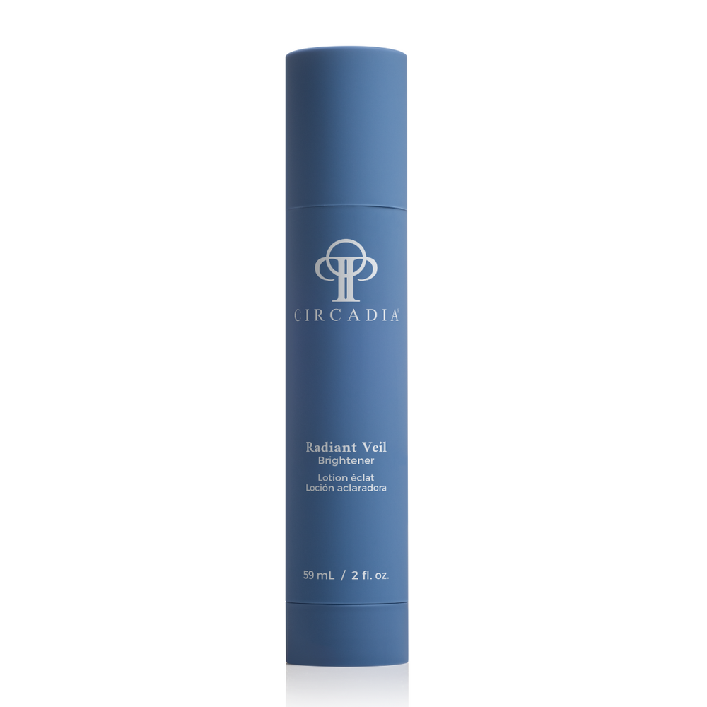 Circadia Radiant Veil Brightener night cream jar with white and gold packaging, designed to enhance skin radiance.