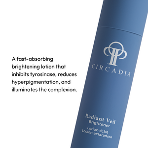 Circadia Radiant Veil Brightener night cream jar with sleek white packaging and pink accents, designed to enhance skin radiance.