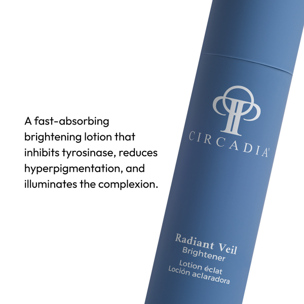 Circadia Radiant Veil Brightener night cream jar with sleek white packaging and pink accents, designed to enhance skin radiance.