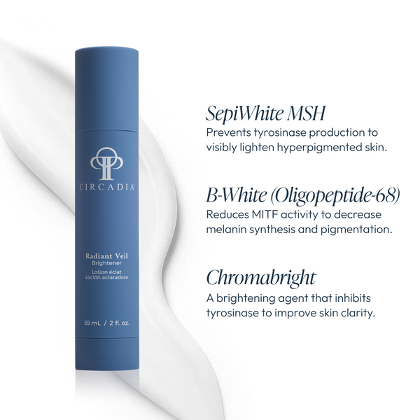 Circadia Radiant Veil Brightener night cream jar with white lid and clear labeling, designed for skin brightening and radiance.
