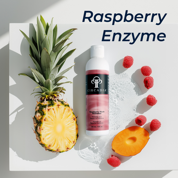 Top view of Circadia Raspberry Enzyme Gel Cleanser with fresh raspberries, showcasing the natural, fruit-infused skincare product.