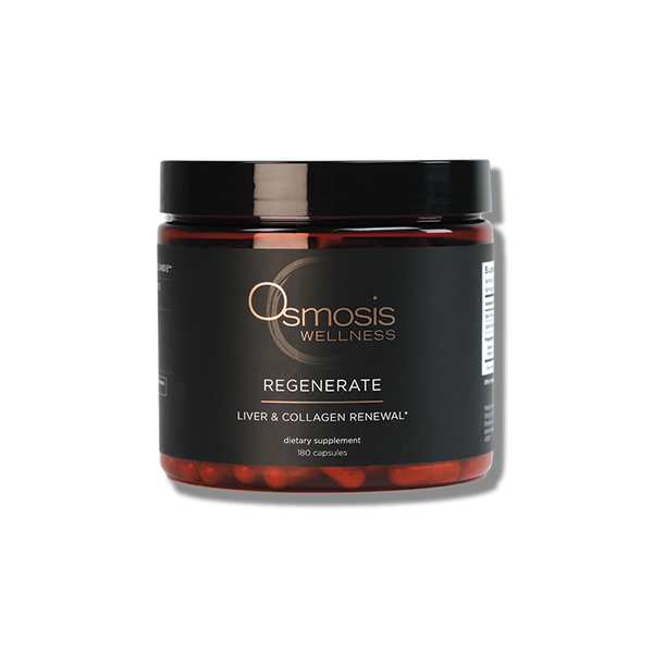 Osmosis Beauty Regenerate Liver & Collagen Renewal vitamins in a 180-capsule bottle, designed for liver and skin health.