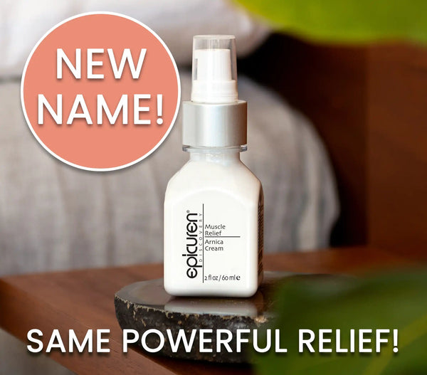 Epicuren Discovery Muscle Relief Arnica Cream in a lifestyle setting, showcasing the cream's texture and packaging.
