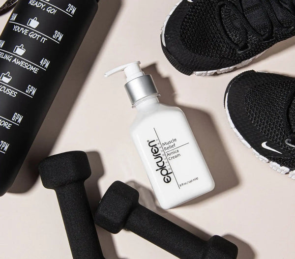 Epicuren Discovery Muscle Relief Arnica Cream in a lifestyle setting, showcasing the cream's texture and packaging.