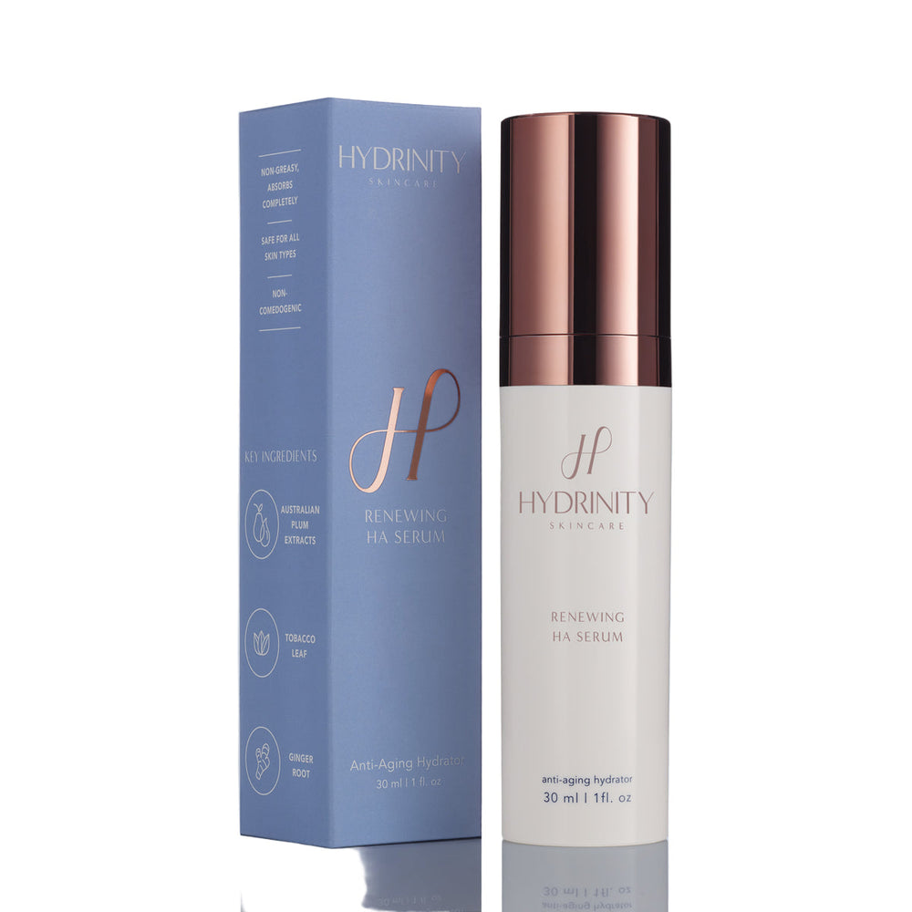 Hydrinity Renewing HA Serum with PPM⁶ technology in a sleek blue box, showcasing the face serum's elegant packaging.