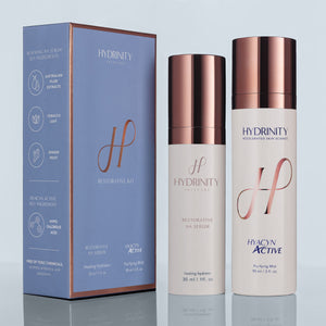 Hydrinity Restorative Kit featuring hydration bottles in a neatly arranged box for skin rejuvenation and moisture replenishment.