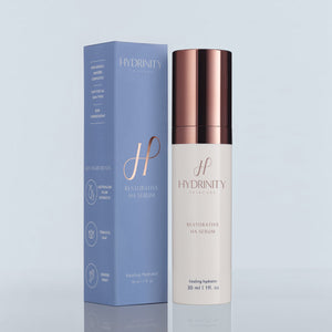Hydrinity Restorative HA Serum in a sleek 30 ml bottle, showcasing its blue packaging and PPM⁶ Technology label.