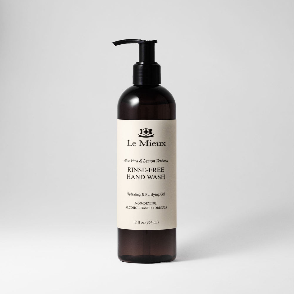 Le Mieux Aloe Vera & Lemon Verbena rinse-free hand wash bottle, body skincare product, with clear label and pump dispenser.