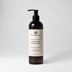 Le Mieux Aloe Vera & Lemon Verbena rinse-free hand wash bottle, body skincare product, with clear label and pump dispenser.