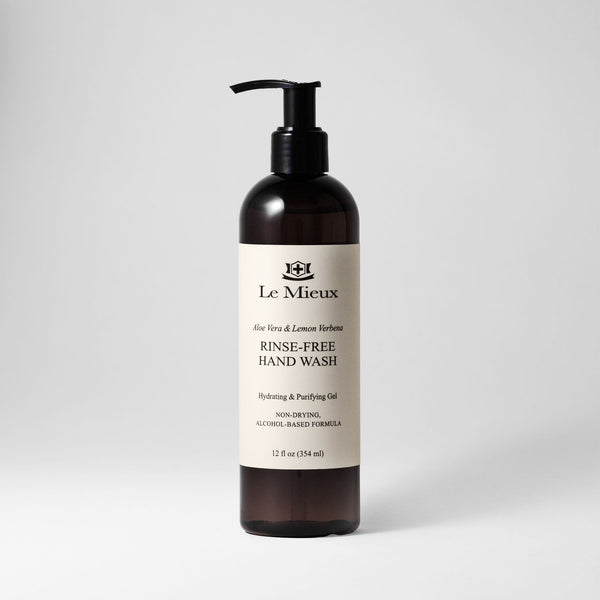 Le Mieux Aloe Vera & Lemon Verbena rinse-free hand wash bottle, body skincare product, with clear label and pump dispenser.