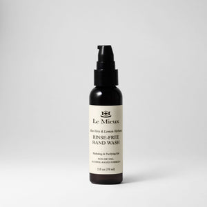 Le Mieux aloe vera and lemon verbena rinse-free hand wash bottle, body care product with natural ingredients and refreshing scent.