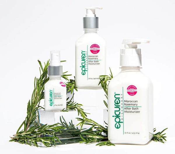 Epicuren Discovery Moroccan Rosemary After Bath Body Moisturizer in a stylish bottle surrounded by rosemary sprigs.