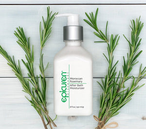 Epicuren Discovery Moroccan Rosemary After Bath Body Moisturizer in a lifestyle setting, showcasing its creamy texture and rosemary essence.