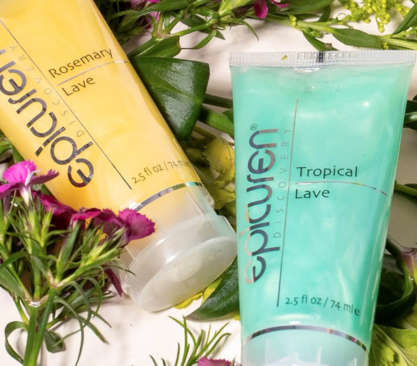 Epicuren Discovery Tropical Lave Body Cleanser bottle with tropical design and pump, placed on a neutral background.