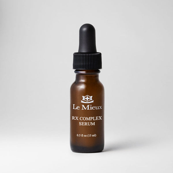Le Mieux Rx Complex Serum in a 0.5oz bottle, featuring a blend of antioxidants, peptides, and hyaluronic acid for anti-aging.