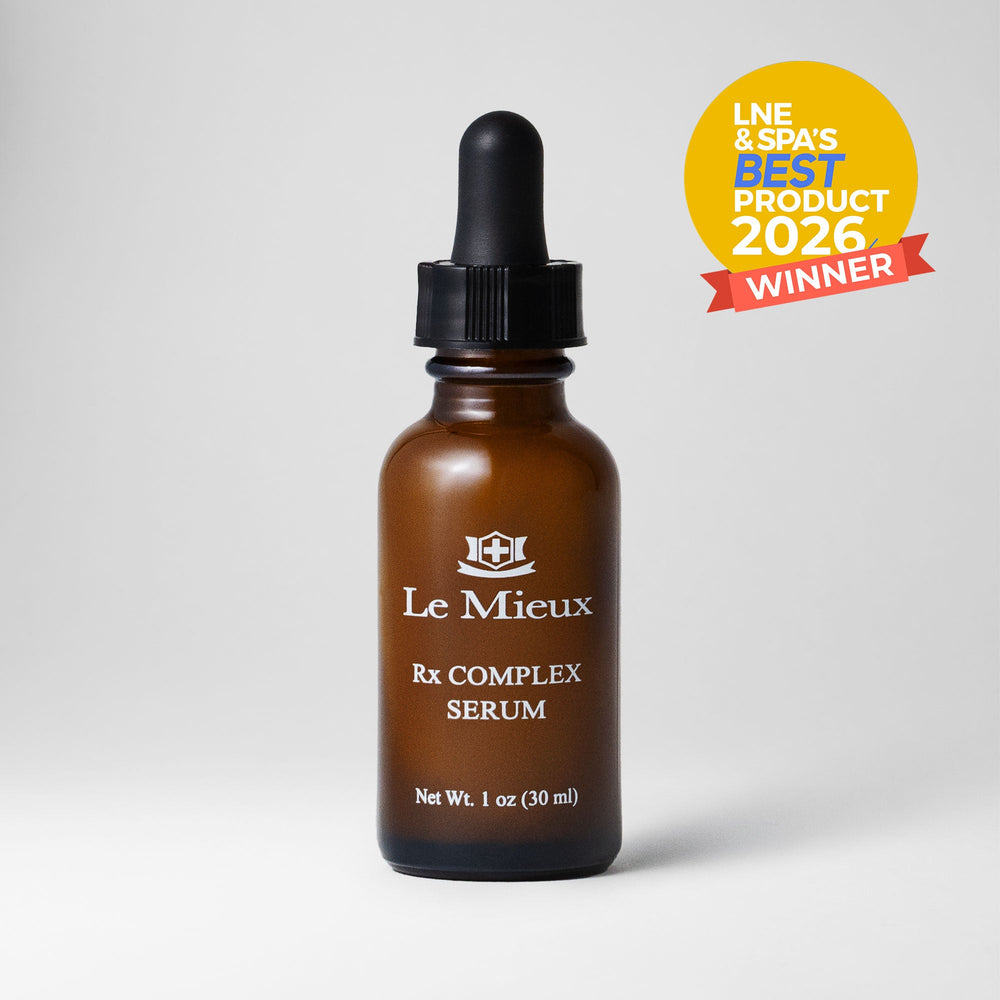 Le Mieux Rx Complex Serum in a 1oz bottle, clear serum with dropper, designed for skincare and skin revitalization.