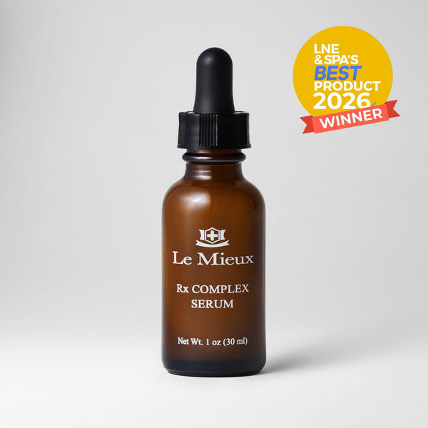 Le Mieux Rx Complex Serum in a 1oz bottle, clear serum with dropper, designed for skincare and skin revitalization.