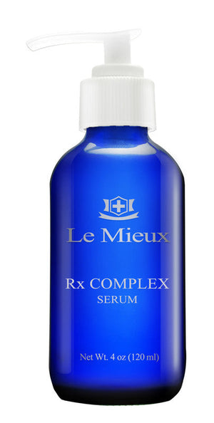 Le Mieux Rx Complex Serum in a clear bottle, showcasing the anti-aging formula with antioxidants, peptides, and hyaluronic acid.