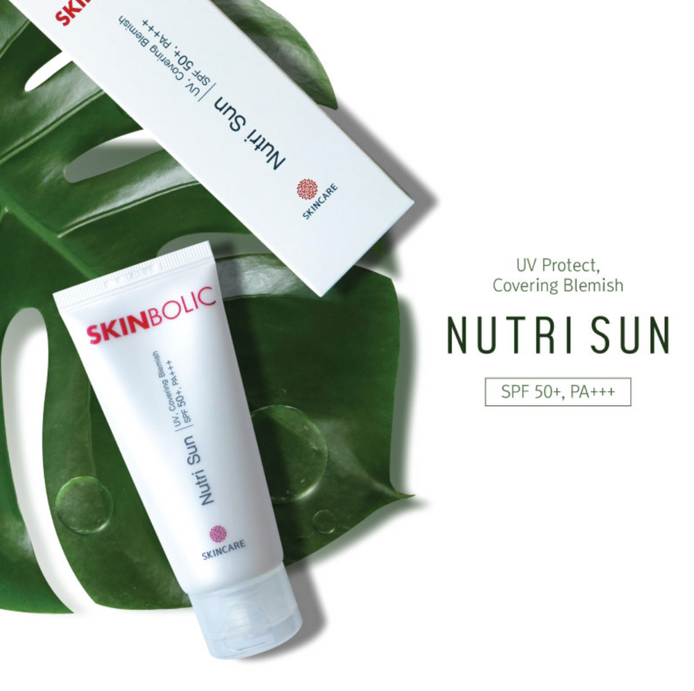 Skinbolic Nutri Sun SPF 50mL UV Protect sunscreen bottle with label, featuring a sleek design and protective cap.