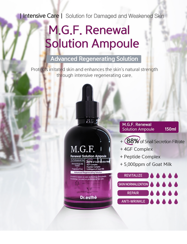 Dr. Esthe MGF Renewal Ampoule 150ml in a clear bottle with a dropper, showcasing the liquid inside.