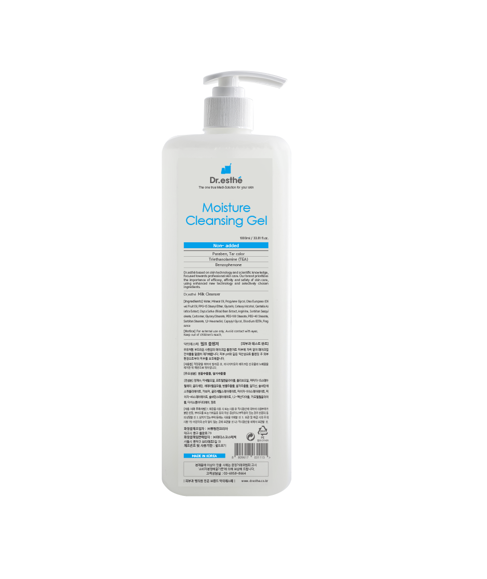Dr. Esthe Moisture Cleansing Gel in a 1000 mL pump bottle, gentle cleanser with hydrating formula for facial skin.