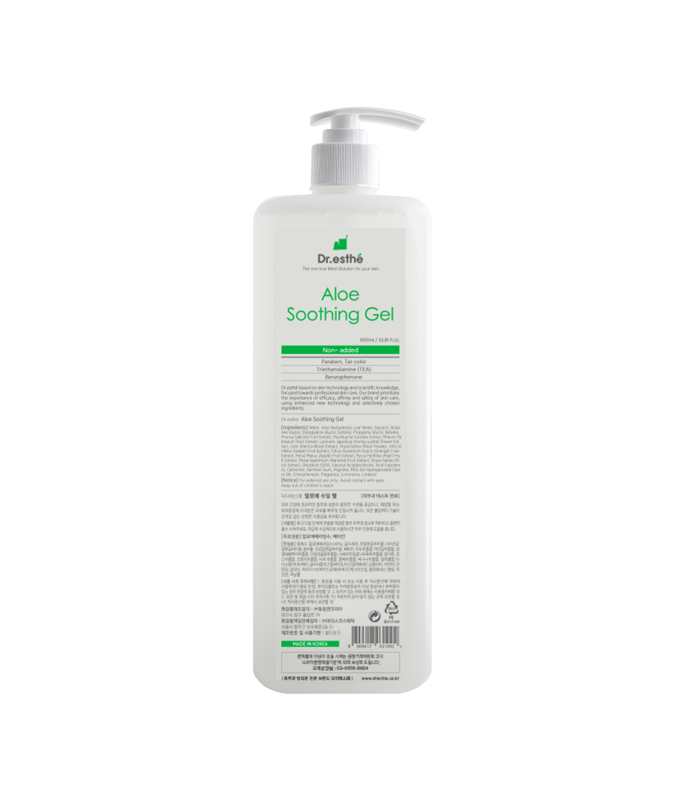 Dr. Esthe Aloe Soothing Gel 1000 mL bottle, clear gel with aloe vera, suitable for skin soothing and hydration.