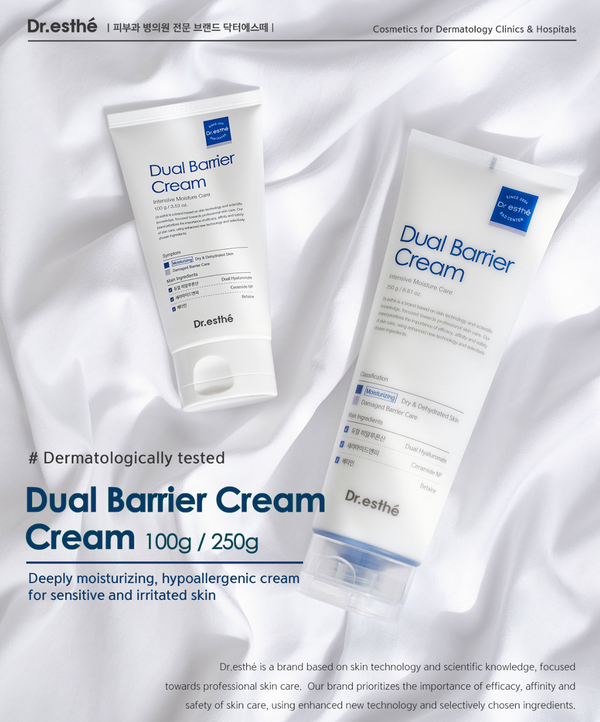 Dr. Esthe Dual Barrier Cream 100ml in a sleek jar, showcasing its rich texture against a neutral background.
