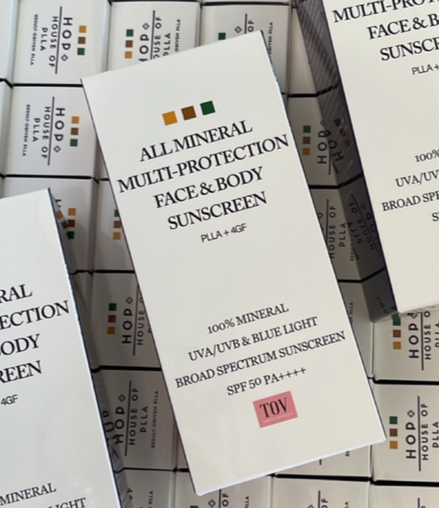 TOV All Mineral Multi-Protection Face & Body Sunscreen in a 50ml tube, showcasing packaging and label details.