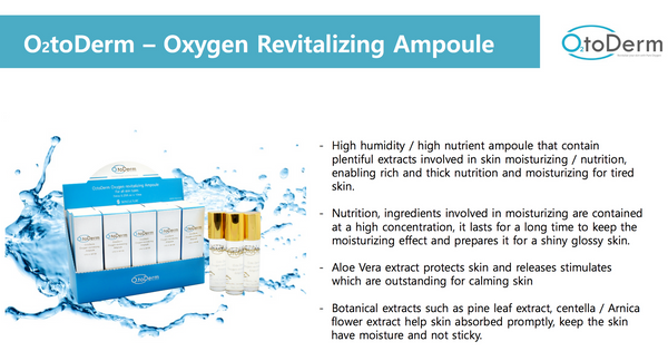 SKINCULTURE O2toDerm Oxygen Revitalizing Ampoule in 10 clear vials, showcasing the product's vibrant liquid inside.