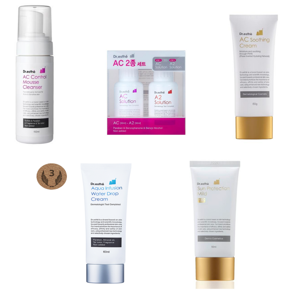 Dr. Esthe Daily Acne Kit includes treatment products for clear skin, displayed in a neatly arranged set.