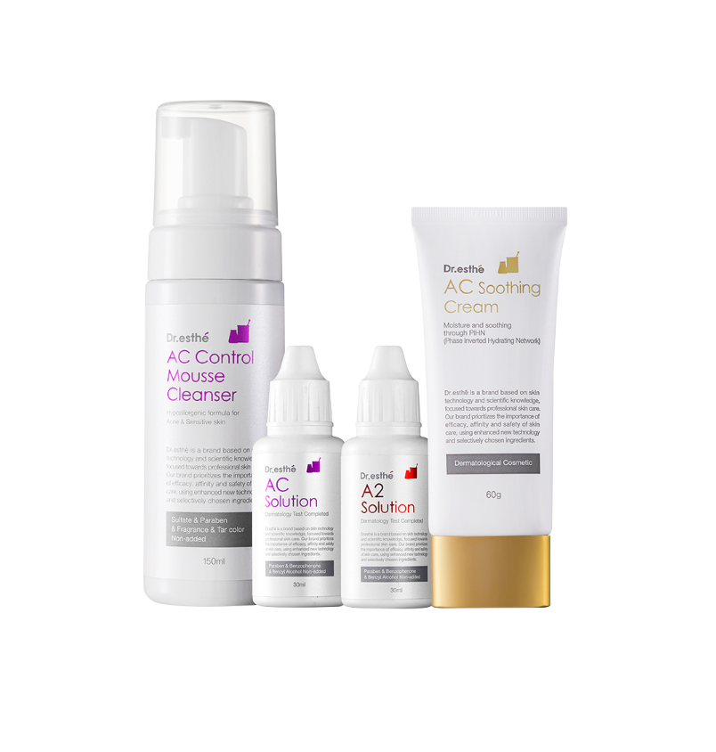 Dr. Esthe AC Acne Control Basic Kit showcasing acne treatment products in a neatly arranged layout.