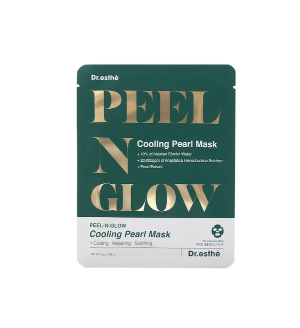 Dr. Esthe PEEL-N-GLOW Cooling Pearl Mask set in packaging, showcasing five individual pearl masks for skincare.