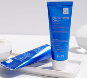 Dr. Esthe rejuvenating cream with PDRN salmon DNA in a 70ml jar, showcasing creamy texture and label details.