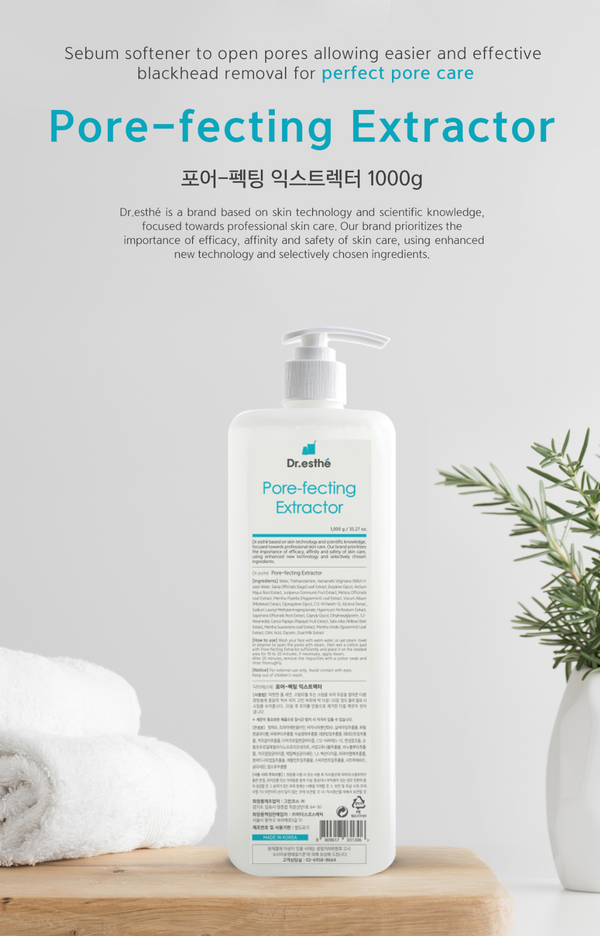 Dr. Esthe Pore-Fecting Extractor 1000g for pore care, shown in the image with the product packaging and applicator.