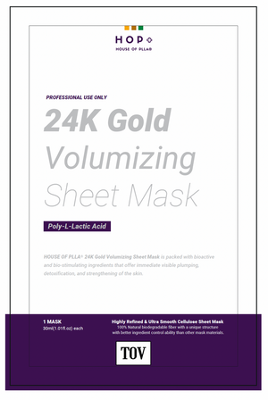 TOV House of PLLA HOP+ 24k Gold Volumizing Sheet Mask pack with five individual masks for skincare.