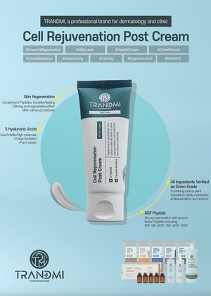 Tov Beauty Trandmi Cell Rejuvenation Post Cream 60ml in a jar with a smooth cream texture, perfect for daily skincare.