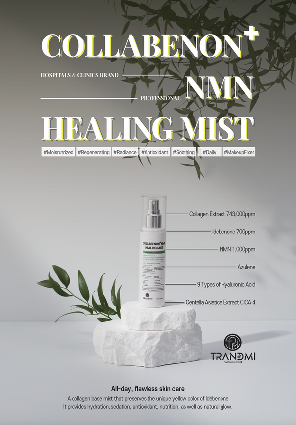Tov Beauty Trandmi Collabenon+ NMN Healing Mist 100ml bottle with a fine mist spray nozzle on a neutral background.