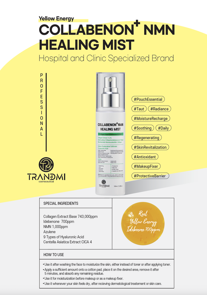 Tov Beauty Trandmi Collabenon+ NMN Healing Mist 100ml in a spray bottle with a soft misting texture.