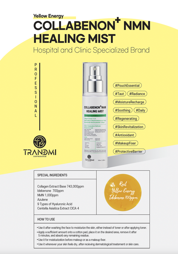 Tov Beauty Trandmi Collabenon+ NMN Healing Mist 100ml in a clear spray bottle with a fine mist nozzle.