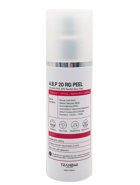 A bottle of Trandmi A.B.P 20 RG Peel, with a white and red label, indicating that it is a brightening peel product.