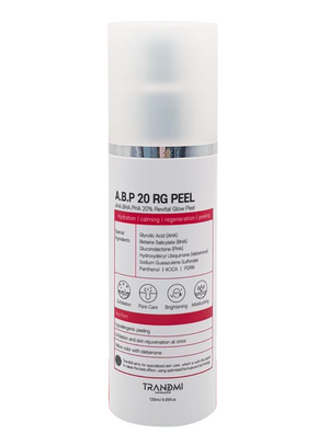 A bottle of Trandmi A.B.P 20 RG Peel, with a white and red label, indicating that it is a brightening peel product.