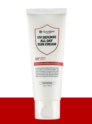 Tov Beauty Trandmi UV Defense All Day Sun Cream 70ml in a tube with a white background and sun protection label.
