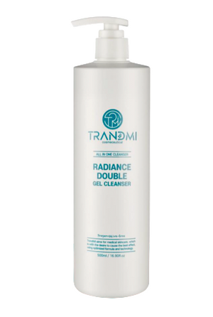A bottle of Trandmi Radiance Double Gel Cleanser with a pump dispenser, primarily white in color with brand and product name displayed.