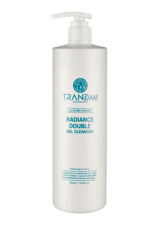 A bottle of Trandmi Radiance Double Gel Cleanser with a pump dispenser, primarily white in color with brand and product name displayed.