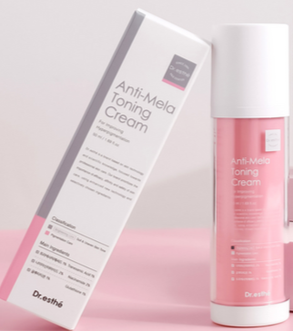 Dr. Esthe Anti-Mela Toning Cream 50ml in a jar, showcasing the cream's smooth texture and elegant packaging.