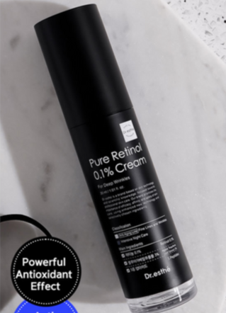 Dr. Esthe Pure Retinol 0.1% Cream in a 50ml jar, showcasing its smooth texture and packaging design.