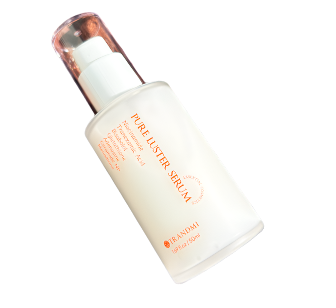 Tov Beauty Trandmi Pure Luster Serum 60 ml in a clear bottle with a dropper, showcasing its detox cream texture.